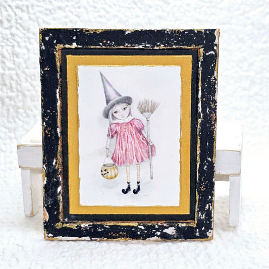 Miniature Halloween Witch Girl No.2:2 Handmade Dollhouse Wooden Framed Art