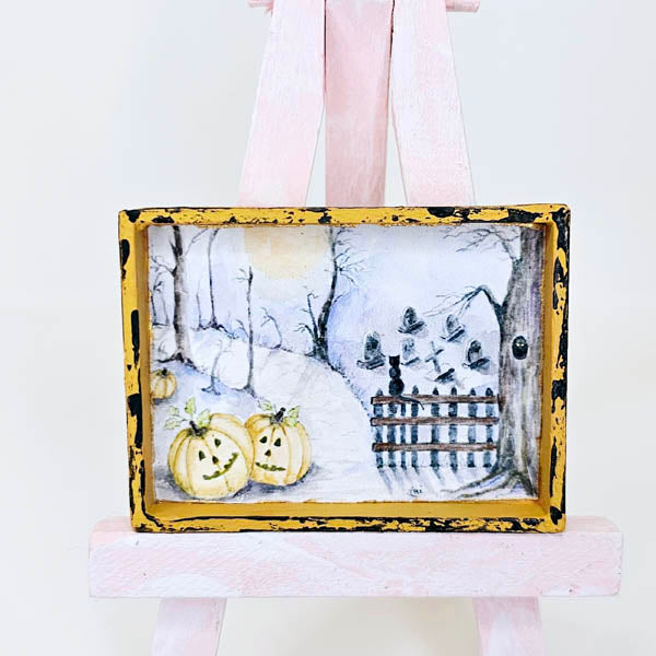 Citrouilles dans les bois n°1:2 Maison de poupée Miniature Art encadré en bois fait main