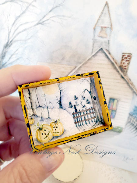 Citrouilles dans les bois n°1:2 Maison de poupée Miniature Art encadré en bois fait main