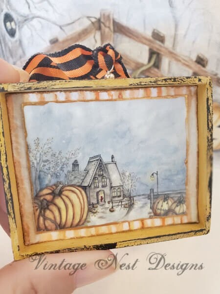 Dollhouse Miniature Halloween Pumpkins No.2:2 Handmade Wooden Framed Art