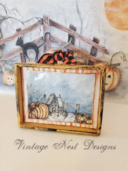 Dollhouse Miniature Halloween Pumpkins No.2:2 Handmade Wooden Framed Art