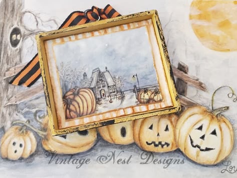 Dollhouse Miniature Halloween Pumpkins No.2:2 Handmade Wooden Framed Art