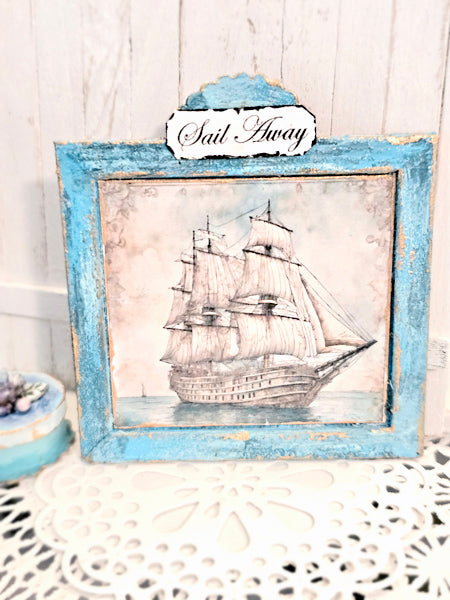 Bateau s'éloignant n°1:1 Miniature de maison de poupée - Tableau encadré en bois fait main