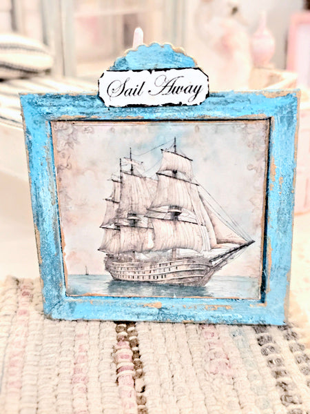 Bateau s'éloignant n°1:1 Miniature de maison de poupée - Tableau encadré en bois fait main