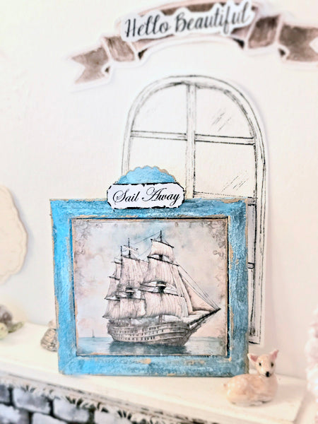 Bateau s'éloignant n°1:1 Miniature de maison de poupée - Tableau encadré en bois fait main