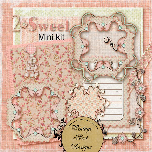 Vintage-style mini kit with decorative elements and 'Vintage Nest Designs' branding on a pink and white checkered background.