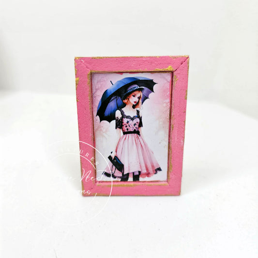 Miniature Vintage Doll No.2:1 Art Pink Wooden Frame 1:12 Scale Dollhouse Decor