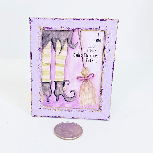 Miniature Witch If Broom Fits No.1:2 Handmade for Dollhouse Wooden Framed Art