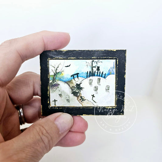 Miniature The Witch in the Cemetery No.1:2 Handmade for Dollhouse Wooden Framed Art