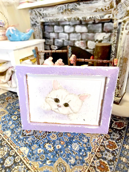 Miniature Kitten No.4-3 Lavender Frame Handmade for Dollhouse Diorama Shadow Box
