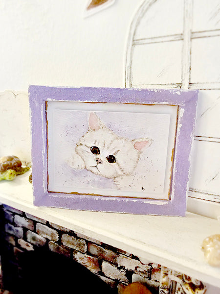 Miniature Kitten No.4-3 Lavender Frame Handmade for Dollhouse Diorama Shadow Box