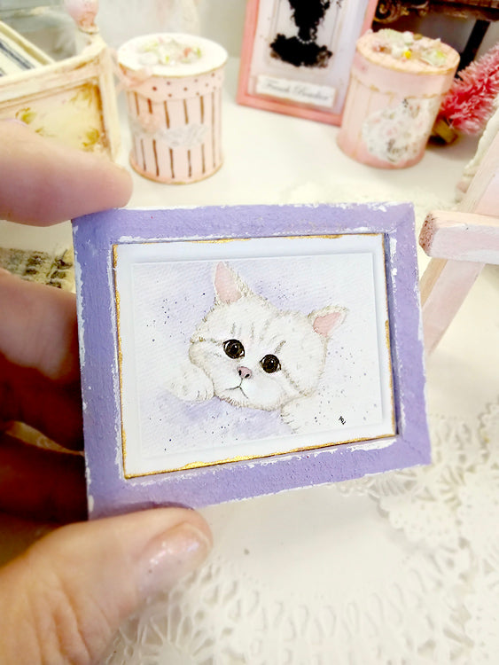 Miniature Kitten No.4-3 Lavender Frame Handmade for Dollhouse Diorama Shadow Box