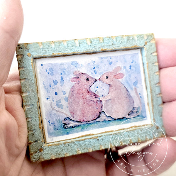 Souris miniatures n°9-3 Cadre en bois bleu Décoration de maison de poupée Diorama Boîte d'ombre Échelle 1:12
