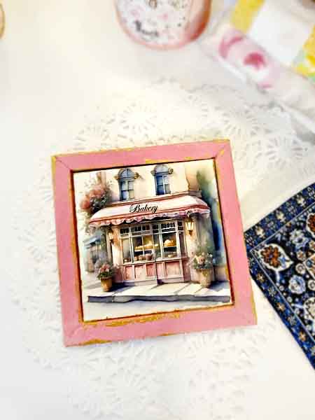 Miniature Pink Bakery Shop No.1:3 Wooden Framed Art Handmade for Dollhouse
