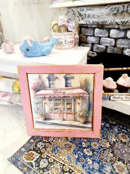 Miniature Pink Bakery Shop No.1:3 Wooden Framed Art Handmade for Dollhouse