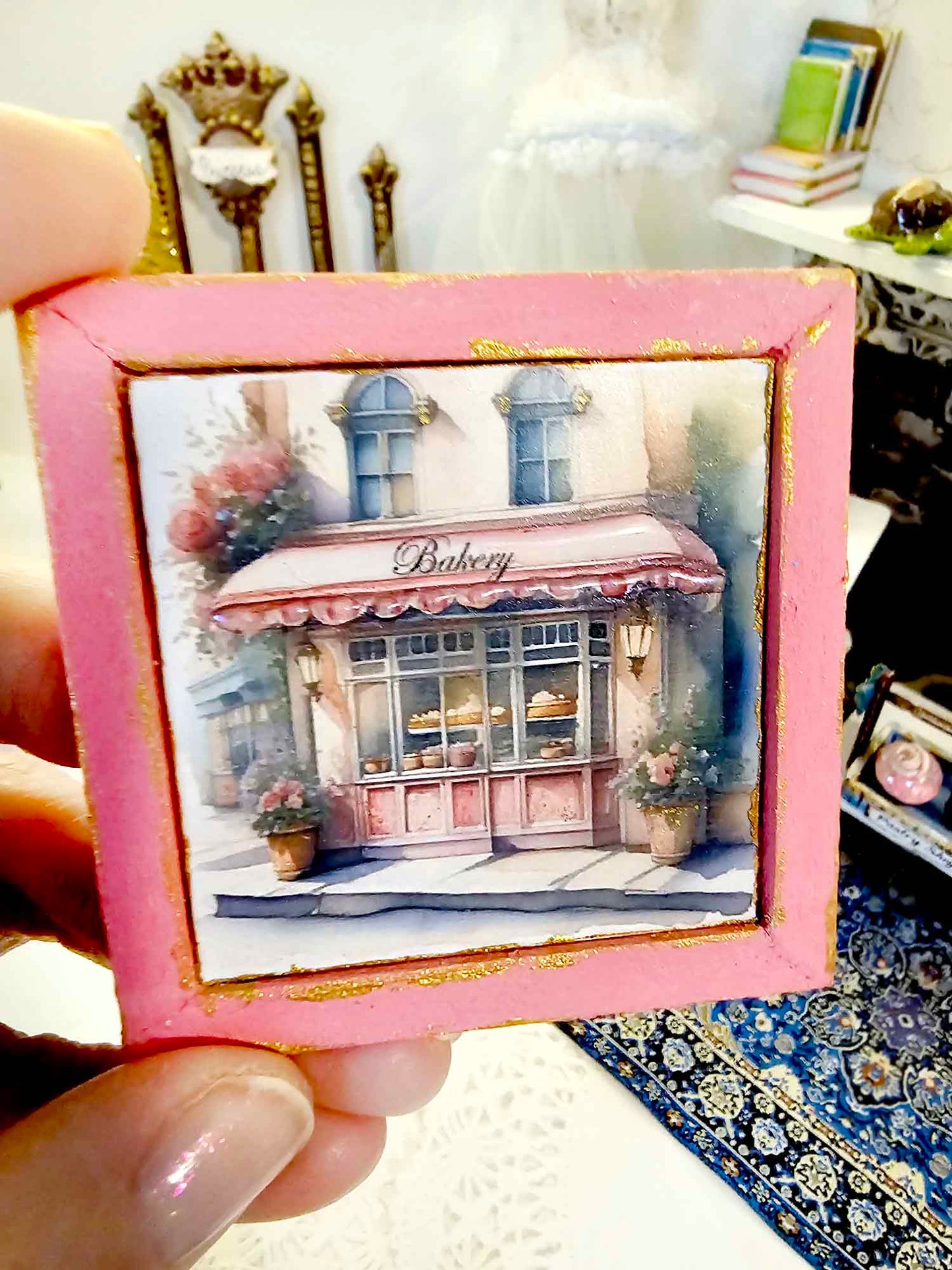 Miniature Pink Bakery Shop No.1:3 Wooden Framed Art Handmade for Dollhouse