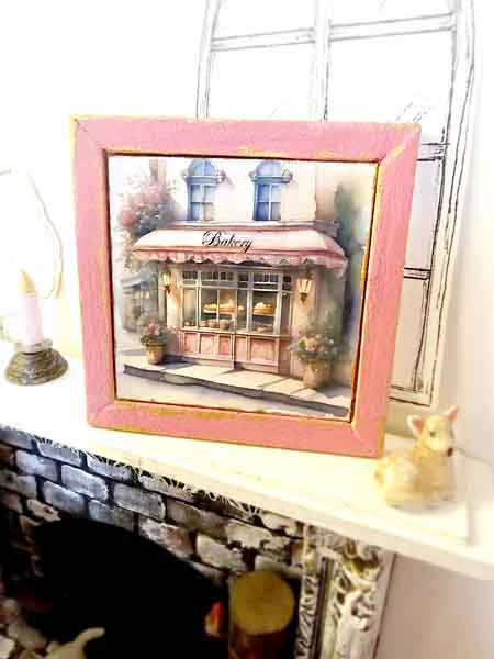 Miniature Pink Bakery Shop No.1:3 Wooden Framed Art Handmade for Dollhouse
