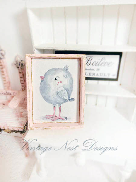 Miniature Pink Tweet No.1:3 Wood Frame Dollhouse Wall House Decor Diorama Shadow Box