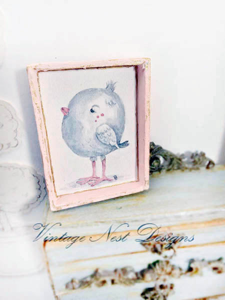 Miniature Pink Tweet No.1:3 Wood Frame Dollhouse Wall House Decor Diorama Shadow Box