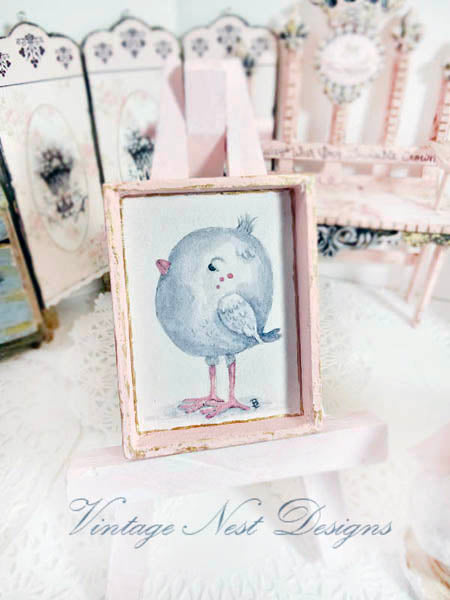 Miniature Pink Tweet No.1:3 Wood Frame Dollhouse Wall House Decor Diorama Shadow Box