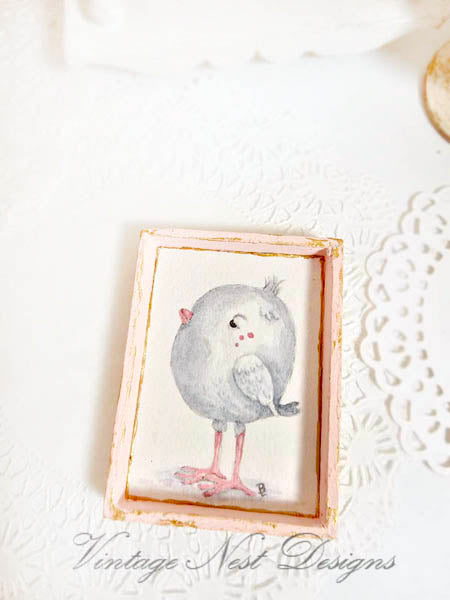 Miniature Pink Tweet No.1:3 Wood Frame Dollhouse Wall House Decor Diorama Shadow Box