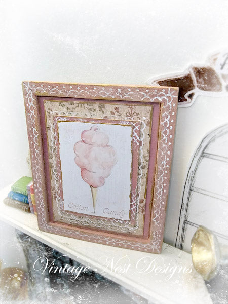 Dollhouse Miniature Cotton Candy No.2:4 Handmade Wooden Framed Art