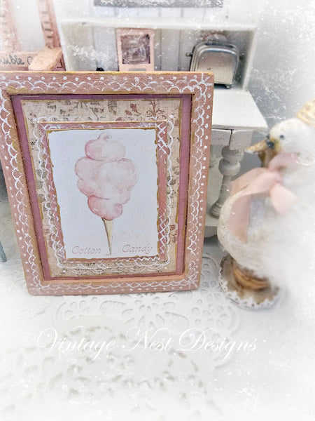 Dollhouse Miniature Cotton Candy No.2:4 Handmade Wooden Framed Art
