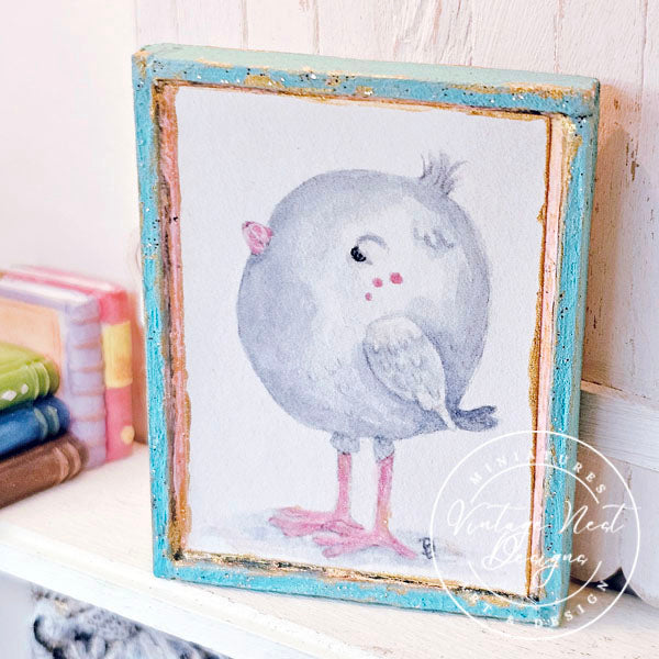 Miniature Pink Tweet No.1:4 Handmade for Dollhouse Wooden Framed Art