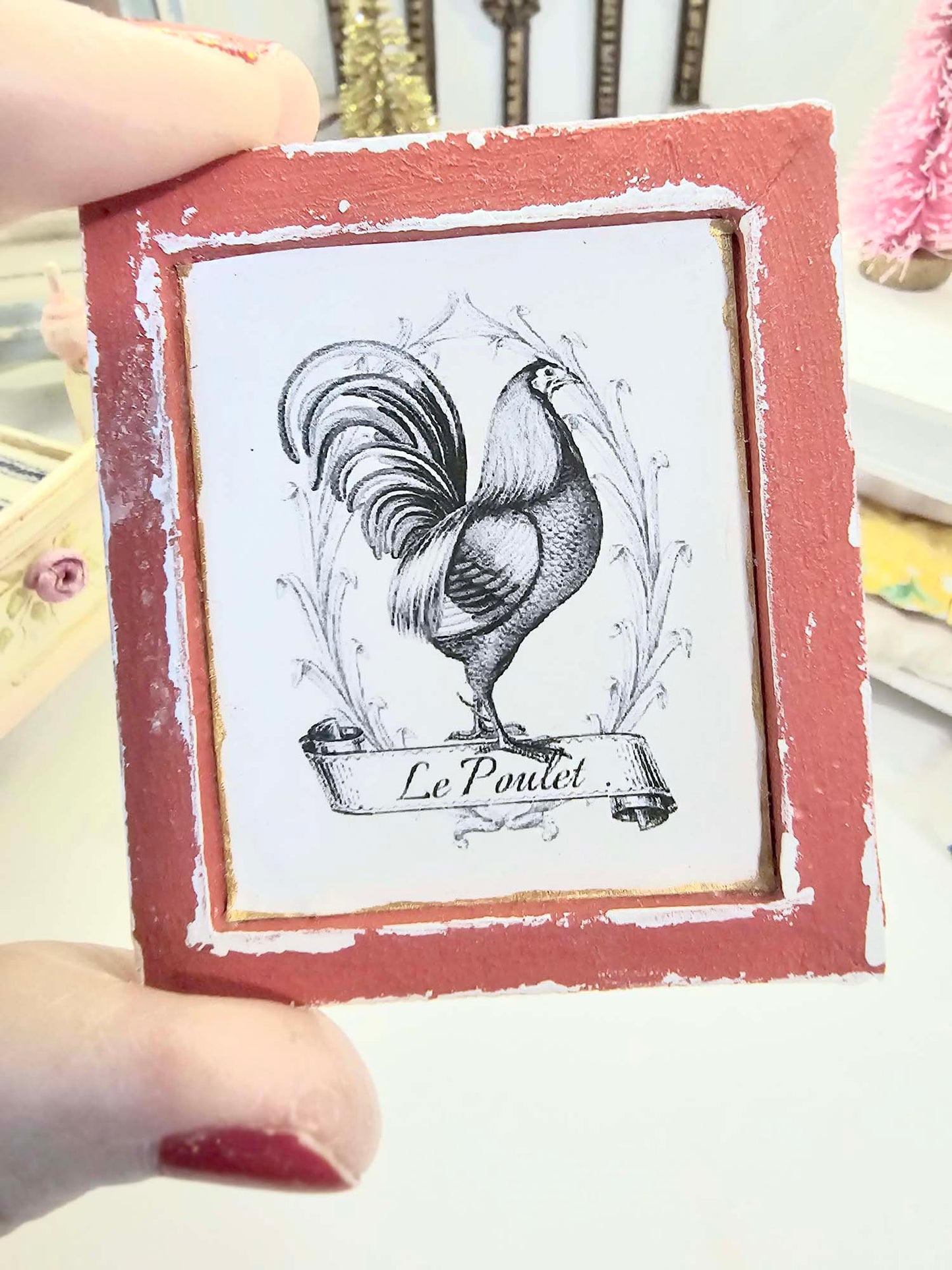 Miniature Rooster No.1:4 Red Wood Frame for Dollhouse Wall Decor