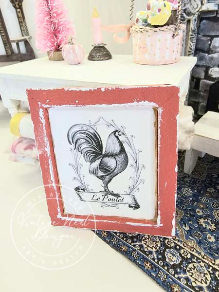 Miniature Rooster No.1:4 Red Wood Frame for Dollhouse Wall Decor