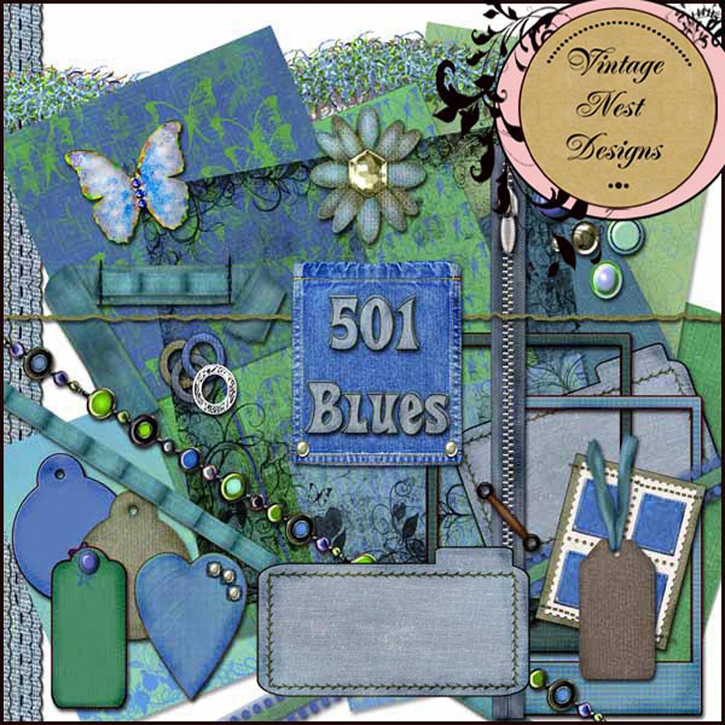 Kit de blues scrapbooking numérique 501 - Téléchargement instantané