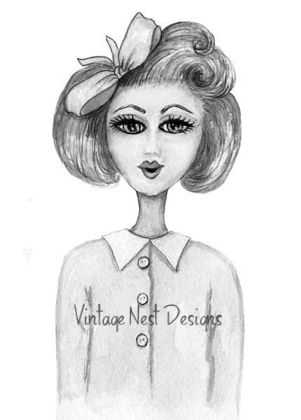 Digital Print 1950's Gal No.1 ACEO Watercolor Instant Download
