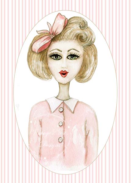 Impression numérique Fille des années 50 n°1 Rayures roses Aquarelle Téléchargement instantané