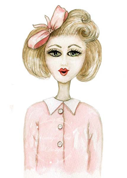 Impression numérique Fille des années 50 No.1 ACEO Peinture aquarelle