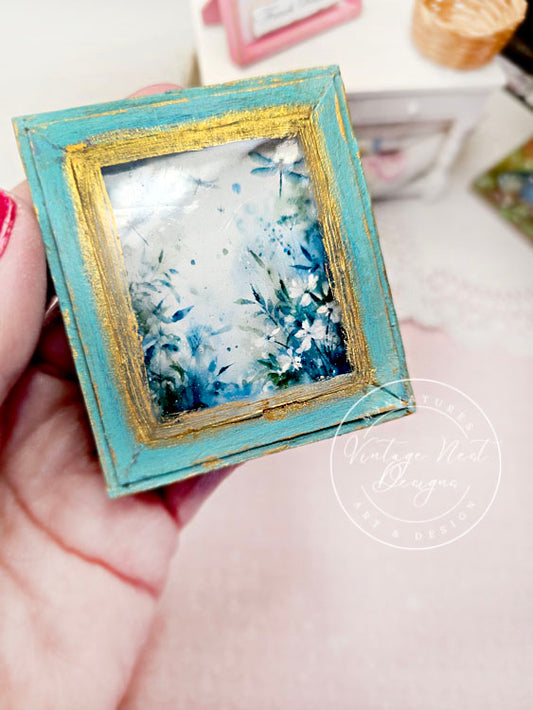 Miniature Flowers & Dragonfly No.1:6 Blue Wood Frame Dollhouse Wall Decor Accessory 112 Scale
