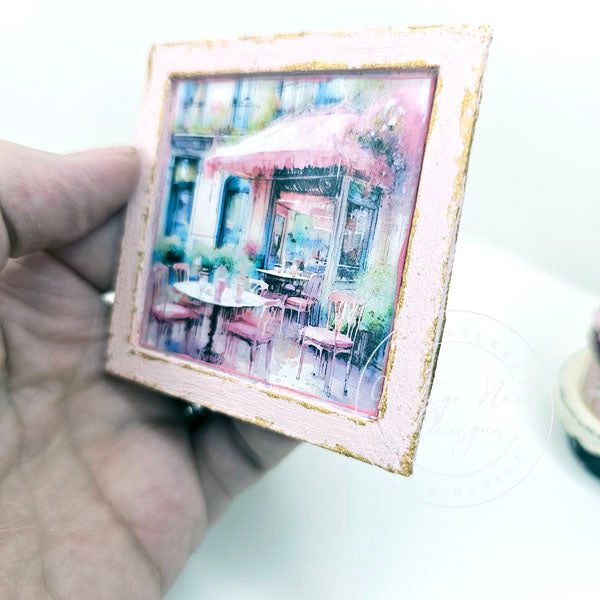 Miniature City Life 4:9 Pink Wood Frame Dollhouse Wall Decor Diorama Shadow Box