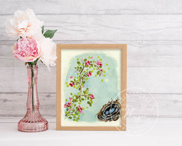 Digital Print Bird Nest Roses No.15 ACEO Acrylic Painting Instant Download