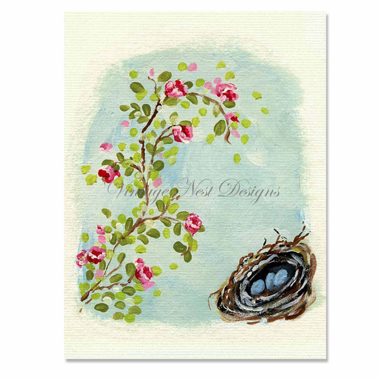 Digital Print Bird Nest Roses No.15 ACEO Acrylic Painting Instant Download