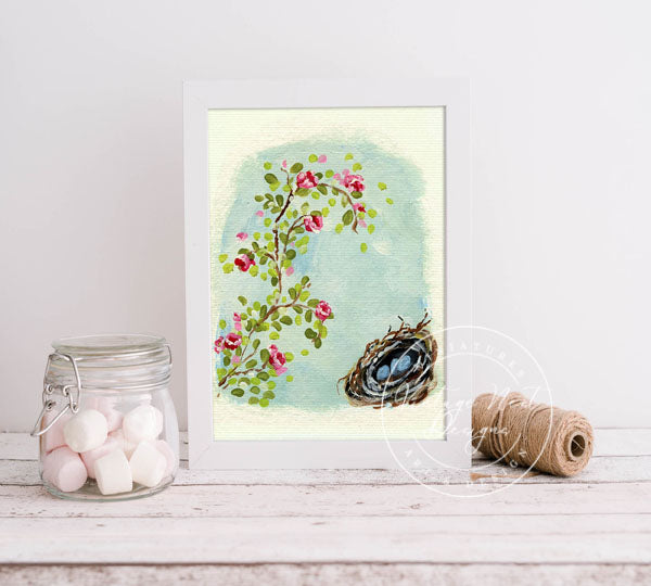 Digital Print Bird Nest Roses No.15 ACEO Acrylic Painting Instant Download