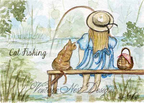 Cat Fishing No.1 ACEO Digital Print Watercolor Painting