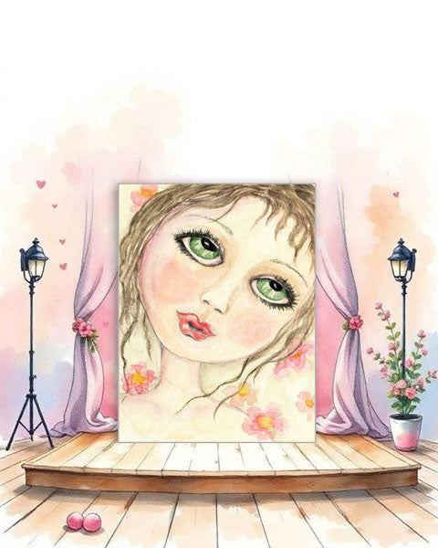 Poupée aux yeux verts imprimée numériquement n°1 ACEO aquarelle Téléchargement instantané