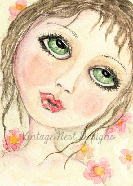 Poupée aux yeux verts imprimée numériquement n°1 ACEO aquarelle Téléchargement instantané