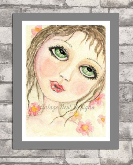 Poupée aux yeux verts imprimée numériquement n°1 ACEO aquarelle Téléchargement instantané