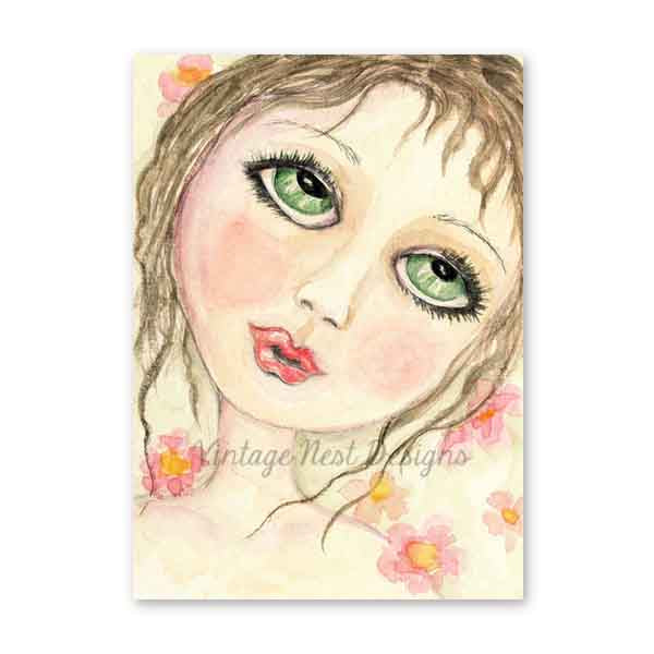 Poupée aux yeux verts imprimée numériquement n°1 ACEO aquarelle Téléchargement instantané