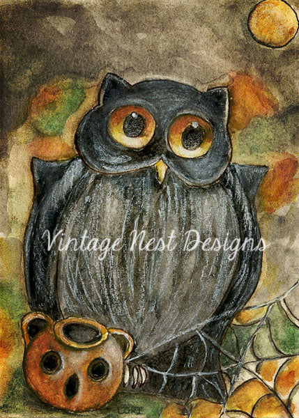 Digitaldruck Halloween Eule Nr. 4 ACEO Aquarell Sofort-Download