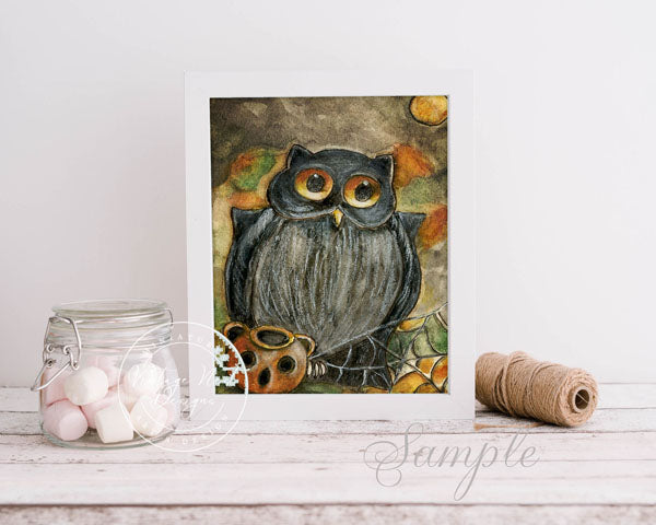 Digital Print Halloween Owl No.4 ACEO Watercolor Instant Download