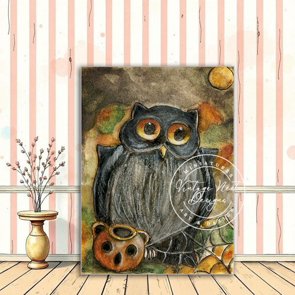 Digital Print Halloween Owl No.4 ACEO Watercolor Instant Download