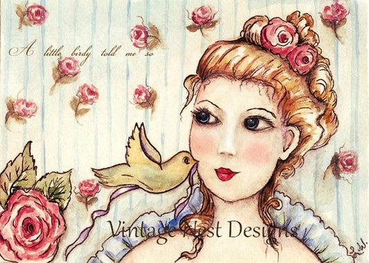 Ein Vögelchen hat es mir gezwitschert ACEO Digitaldruck Aquarellmalerei