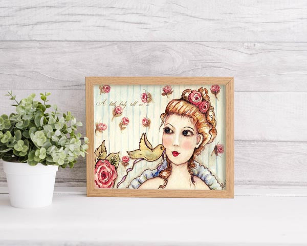 Une aquarelle numérique ACEO intitulée "Un petit oiseau me l'a dit"