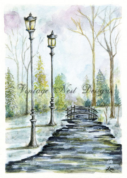 Digital Print A Walk in the Park No.1 Watercolor Painting Instant Download